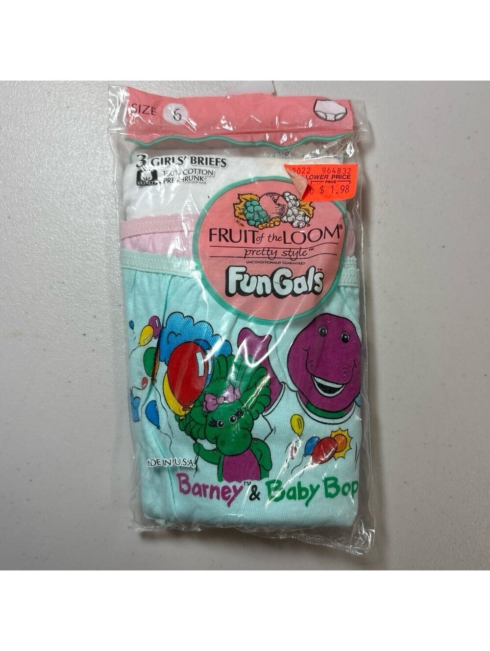Vintage 1991 Fruit of the Loom Barney Baby Bop Girls Briefs 3-Pack Size 6 NOS